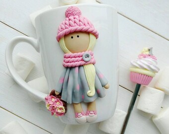 Decorated Girl Mug Spoon Unique coffee cup Girl's birthday Mug decor Children Tea party Handmade Personalized mug polymer clay funny gift