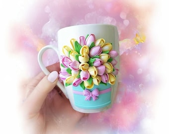 Decorated Floral Tulips colorful Mug, Unique tea cup Girl's birthday Mug decor, Tea party Handmade Personalized mug, polymer clay funny gift