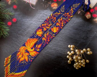 Long necklace Ukrainian Firebird Phoenix gerdan, traditional Ukraine beaded Blue necklace, Handmade folk Jewelry, Necklace Ukrainian Ethnic