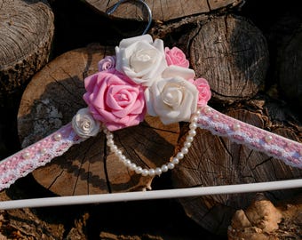 Bridal Pink White roses dress hanger, Wedding hanger vintage style wooden clothes dress hanger, Bridesmaid dress hanger wooden white hanger