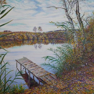 Oil Painting Landscape, original oil painting, Modern Hand painted Wall Art, pond painting, Sky Cloud Field water Landscape, oil painting