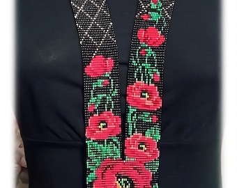 Long necklace Ukrainian beaded floral poppy Gerdan, traditional Ukraine beaded necklace, Handmade folk Jewelry Necklace Ukrainian Ethnic