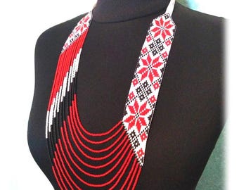 Long necklace Ukrainian beaded Gerdan, traditional Ukraine beaded necklace, Handmade folk Jewelry Necklace Ukrainian Ethnic