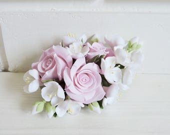 Handmade White Floral Hair Clip, Polymer Clay Rose Barrette, Wedding Hair Accessory, Bridal Flower Hairpiece, Romantic Gift for Her