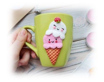 Decorated yummie ice cream Mug, Unique tea cup Girl's birthday Mug decor, Tea party Handmade Personalized mug, polymer clay funny gift
