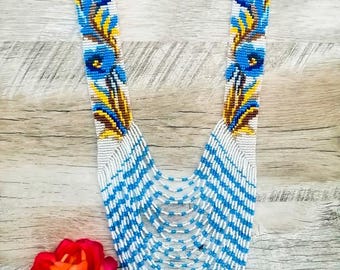 Ukrainian patriotic beaded Gerdan, floral traditional Ukraine necklace, Handmade Jewelry, Beaded Necklace, long necklace Folk Ukrainian