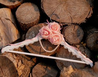 Bridal Coral roses dress hanger, Wedding hanger vintage style wooden clothes dress hanger, Bridesmaid dress hanger wooden white hanger