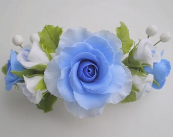 Handmade White Blue flower Polymer Clay Rose Barrette, Wedding Hair Accessory, Bridal Flower Hairpiece, Romantic Gift for Her