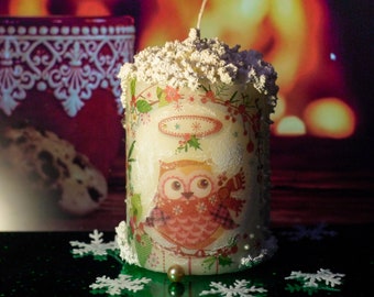 Winter Scenery owl Candle, Decoupage candle, Christmas candle, Christmas gift Holiday Table Decor, Christmas Scene Candle, Christmas Decor