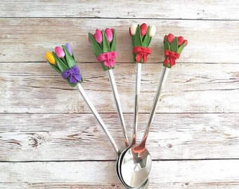 Tasty Spoon Flower Tulips Sweet spoon Children tea party Gift for girls floral spoon for tea spoon coffe spoon polymer clay funny gift