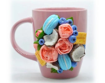 Decorated cake sweet Macaron mug Unique tea cup Mug decor Funny mug Children Tea party Handmade Personalized mug polymer clay funny gift