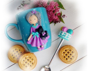 Decorated Girl Mug Spoon Unique coffee cup Girl's birthday Mug decor Children Tea party Handmade Personalized mug polymer clay funny gift