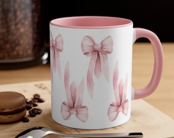 Coquette Bows Pink Handle Coffee Mug, 11oz Pink Cute Mug for Gift