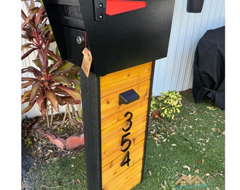 Modern Cedar Mailbox with Post: Slat Wall Design, Solar Light