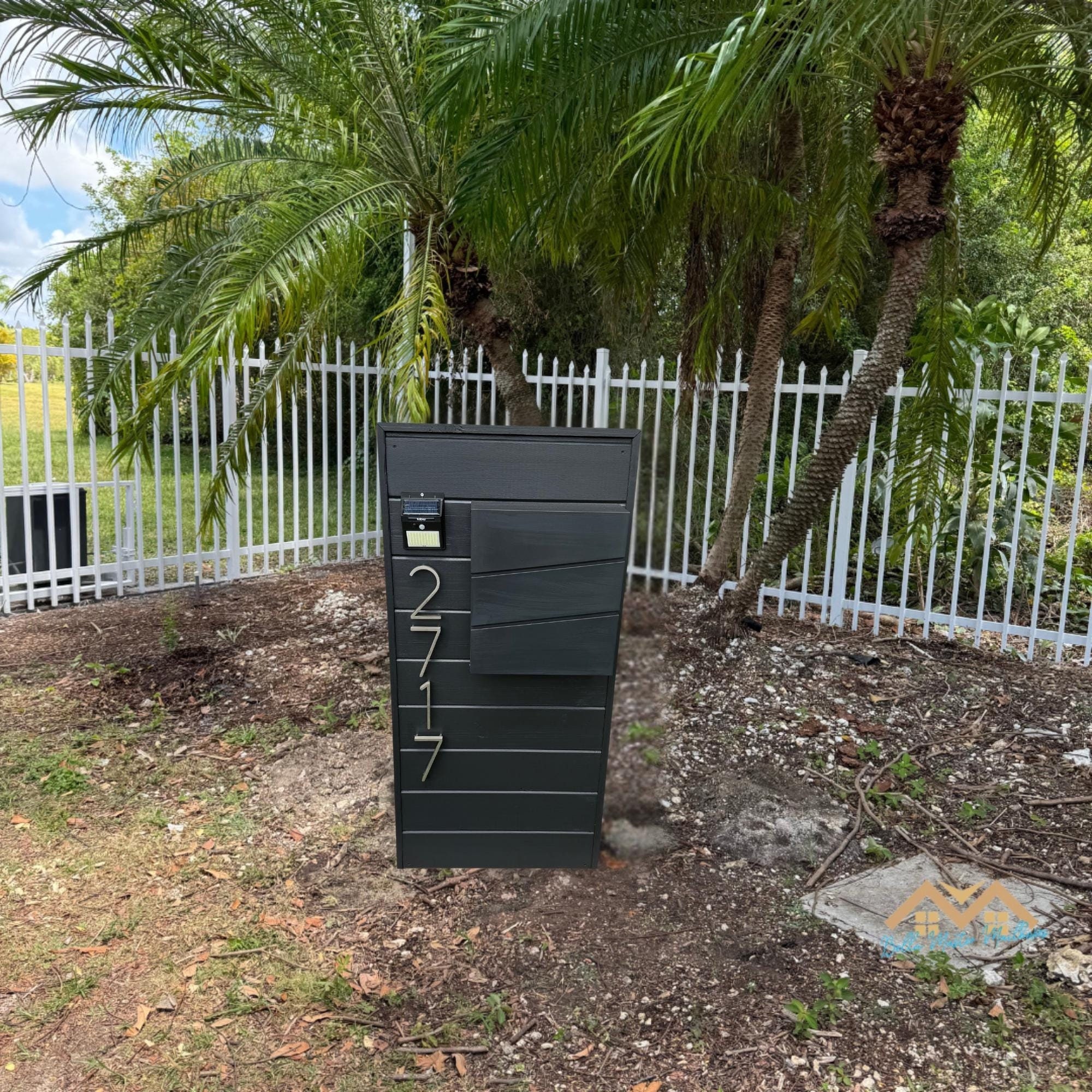 Cedar Modern Mailbox with Post: Black, Solar Light & Numbers