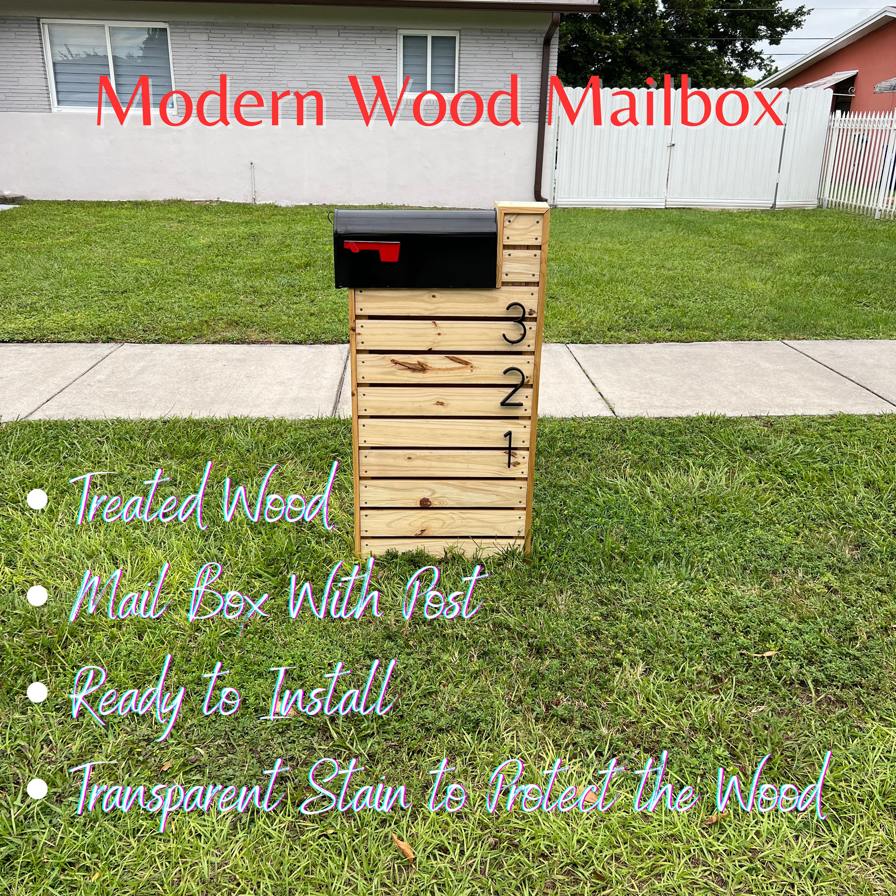 Modern Wood Mailbox With Post & Numbers: Custom Design - Etsy