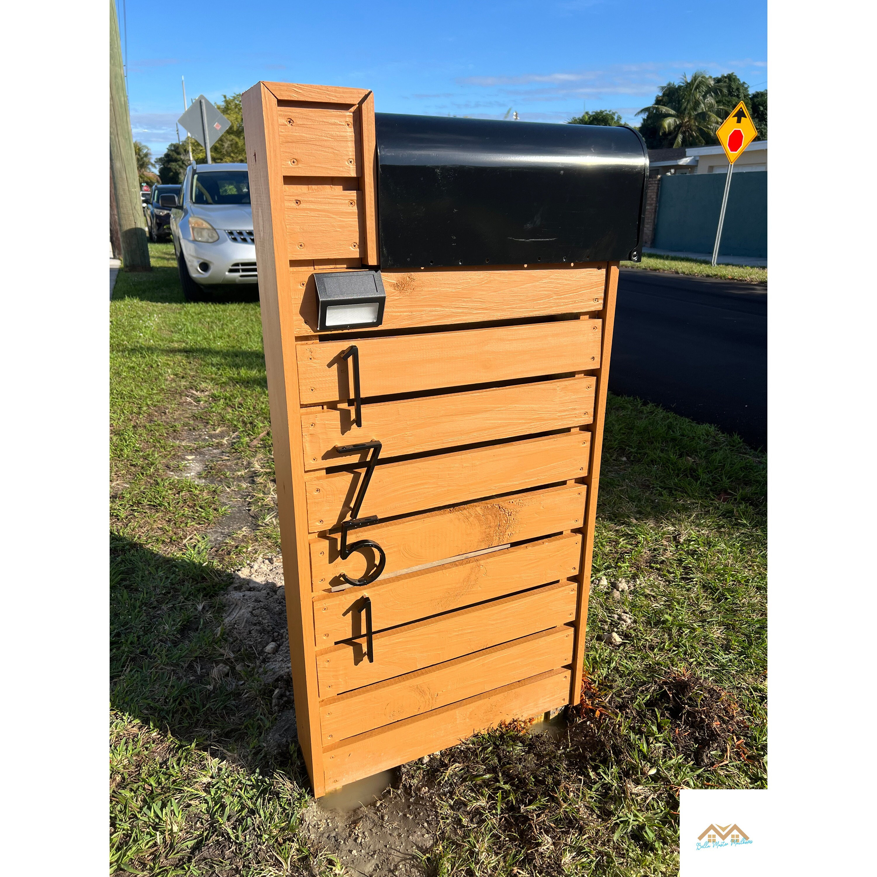 Modern Wood Mailbox with Post & Numbers: Custom Design