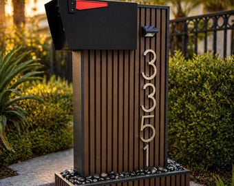 Luxury Modern Mailbox with Post | NORX Composite Slat Wall Mailbox | Solar Address Numbers | Contemporary Curb Appeal