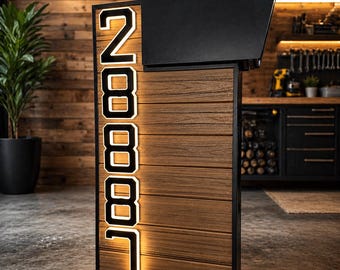 Custom Brown Composite Mailbox with Solar LED Light |Handmade Modern Mailbox with Personalized Numbers | Weather-Resistant Wood-Look Mailbox
