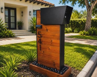 Modern Mailbox with Post | Personalized Wood Mailbox | Mail Boss Locking Mailbox | Solar Light & House Numbers | Contemporary Curb Appeal