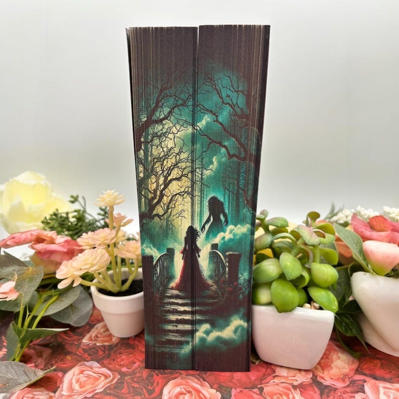May include: A book cover with a dark forest scene. A woman in a red dress walks towards a shadowy figure on a bridge. The background is a dark green and blue with a misty effect.