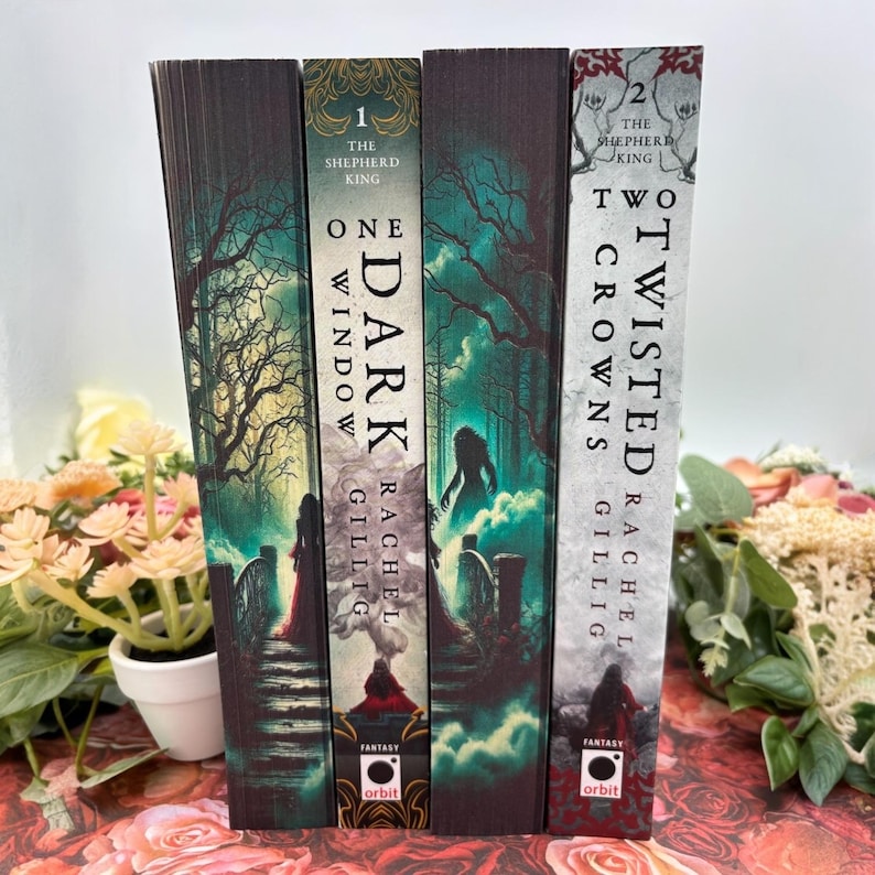 May include: Three fantasy novels with dark green, blue, and white covers. The titles are "One Dark Window", "Two Twisted Crowns", and "The Shepherd King". The books are by Rachel Gillig and published by Orbit.