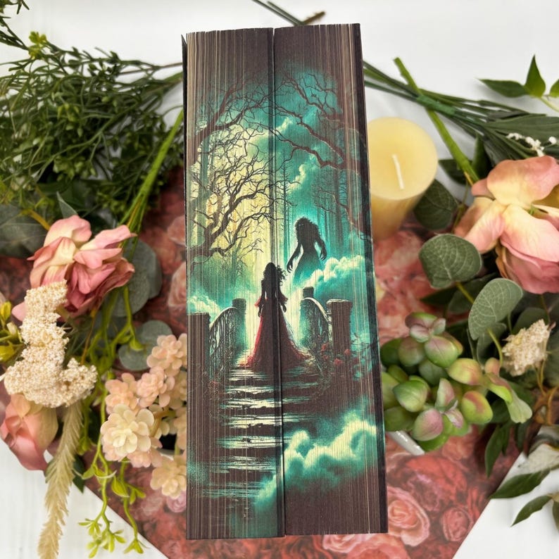 May include: A book cover with a dark green and brown background. The cover features a woman in a red dress walking towards a shadowy figure on a bridge in a forest. The background is a dark forest with a full moon.