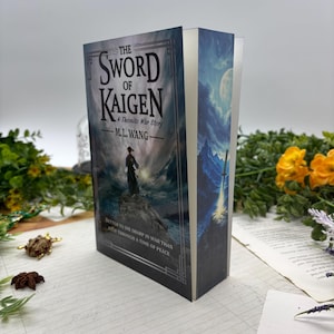 Puede incluir: Un libro de tapa dura titulado "The Sword of Kaigen: A Theonite War Story" de M.L. Wang. La portada presenta una persona sobre una roca, con una espada y un fondo tormentoso. El lomo muestra una montaña y una espada.