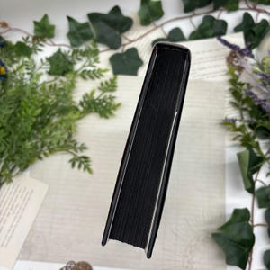 May include: A hardcover book with a black cover and black-edged pages. The spine is visible, showing the book's thickness. The book is surrounded by greenery and floral elements, suggesting a decorative or aesthetic presentation.