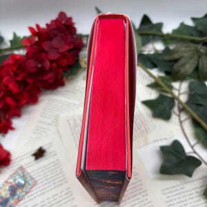 May include: A red hardcover book with a textured spine. The book is closed and standing upright on a white surface.