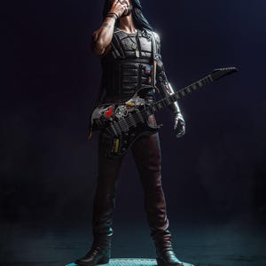 Puede incluir: Figura detallada de un personaje de Cyberpunk 2077, sosteniendo una guitarra y fumando un cigarrillo. La figura lleva un chaleco negro, pantalones oscuros y botas. La guitarra es negra con calcomanías coloridas. La base tiene el logo de Cyberpunk.