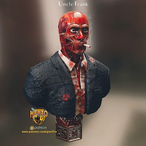 May include: A bust of a figure with exposed muscle tissue on the head and face, smoking a cigarette. The figure wears a dark blazer over a blood-stained shirt. The text "Uncle Frank" is at the top.