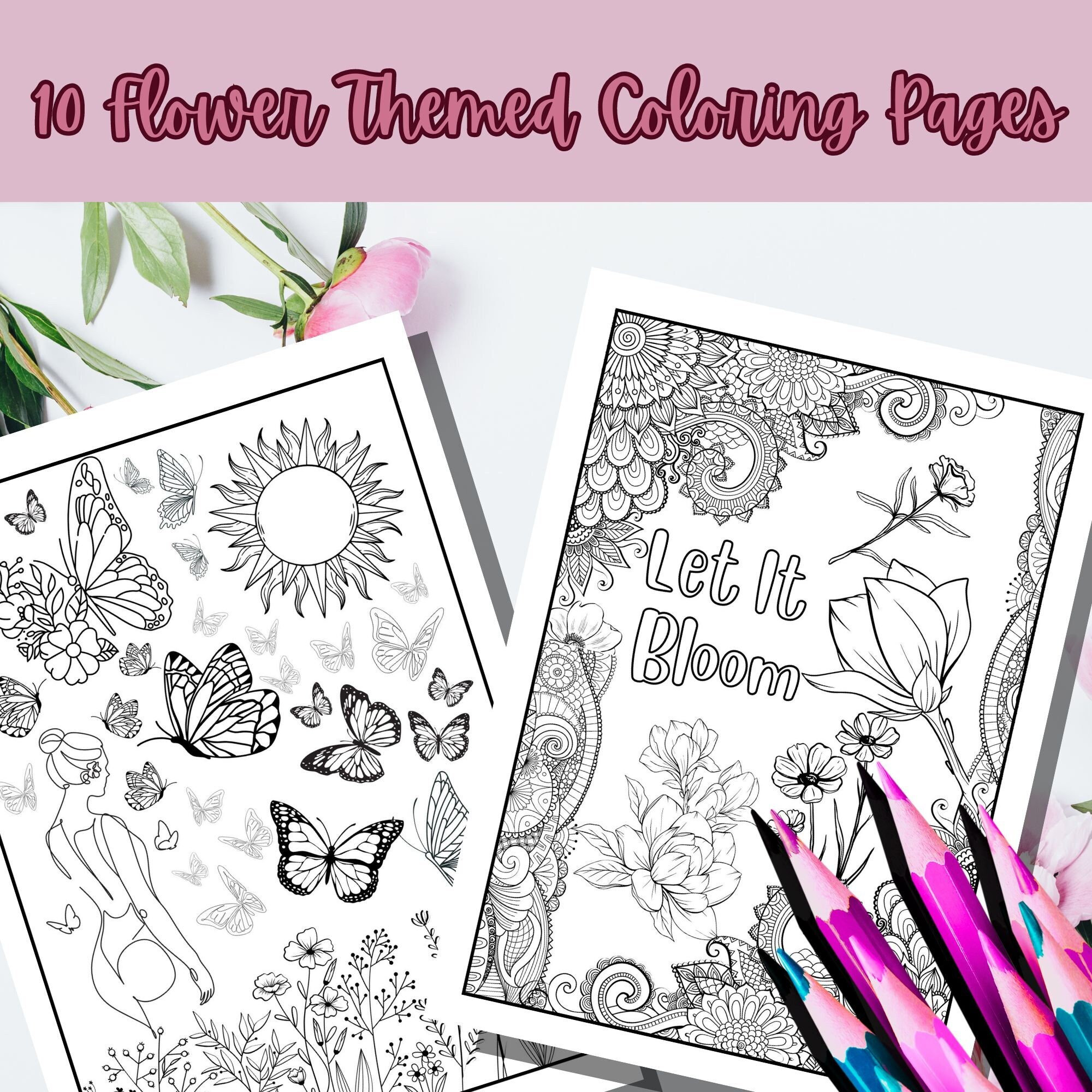 10 Flower Themed Fun Aesthetic Coloring Pages - Etsy
