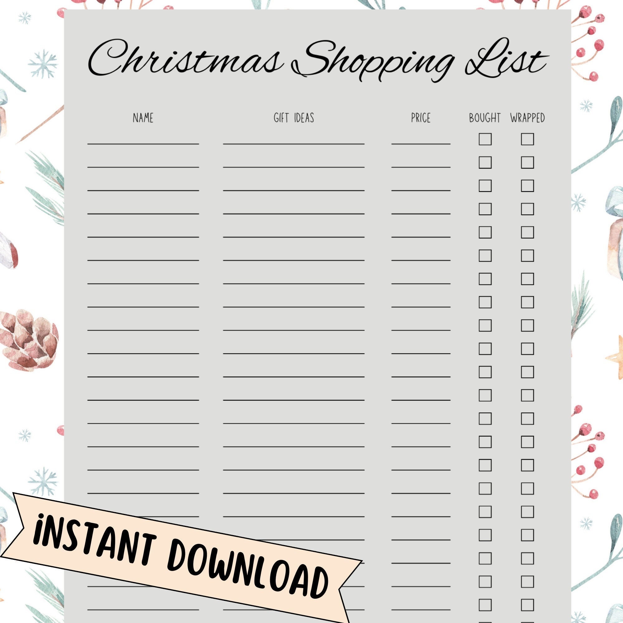 Christmas Shopping Checklist Printable Christmas Gift List Holiday