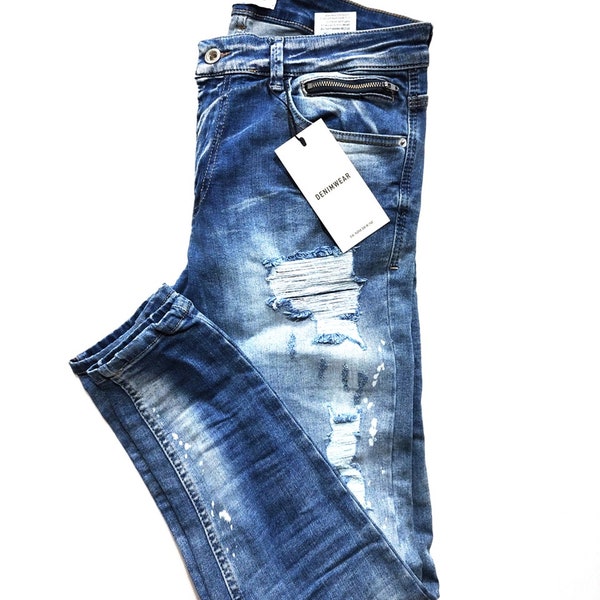 Distressed Jeans für Männer Größe 32, skinny fit, zerrissen, blau mit Reißverschluss Detail