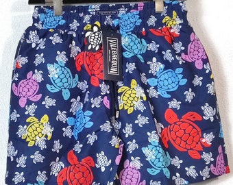 VILEBREQUIN blue multi color turtle swimming bottoms, swim shorts, drawstring, back pocket, side pockets, elastic waist