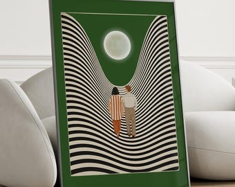 Couple Journey Art , Green Wall Decor, Surreal Romantic Print, Tiny People Art print , geometric Lines Wall Art, Minimalist Anniversary Gift