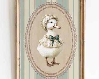 Silly Goose Wall Art , Cute Goose Poster, Abstract Vintage Painting , Farm Animal Printable , Kid's Room Illustration, Goose Children's Room