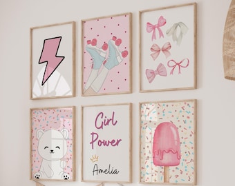 May include: Six framed prints with a pink and white color scheme. The prints feature a lightning bolt, roller skates, bows, a polar bear, the text "Girl Power Amelia", and a pink popsicle.