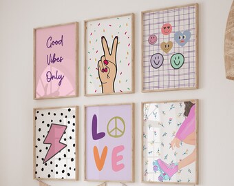 Girls Trendy wall art Set , Dorm Decor For College Girls, Boho Girls Room, smiley nursery Art, Teen Girl Wall Art Prints, Teenager Art Print