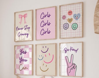Girls Trendy wall art Set , Dorm Decor For College Girls, Boho Girls Room, smiley nursery Art, Teen Girl Wall Art Prints, Teenager Art Print