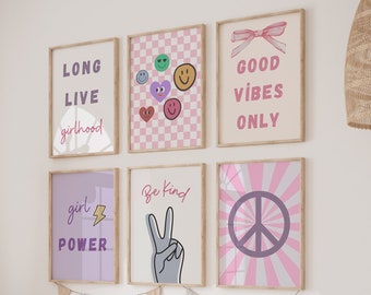 Girls Trendy wall art Set , Dorm Decor For College Girls, Boho Girls Room, smiley nursery Art, Teen Girl Wall Art Prints, Teenager Art Print