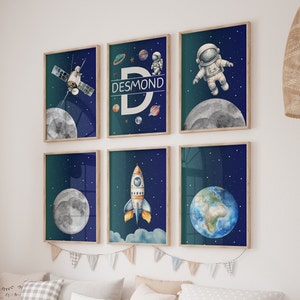Space Nursery Prints, Outer Space Printable Wall Art Set of 6 for Nursery Decor, space suit,space travel, Solar system and custom name print