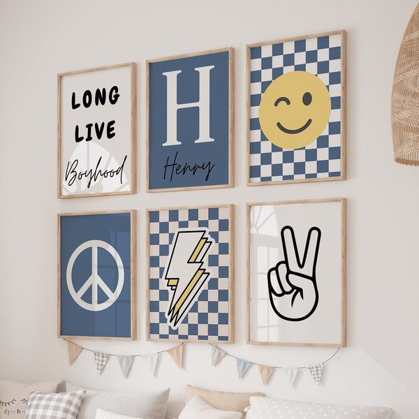 Long Live Boyhood ,Boho Blue Nursery, Checkered Smiley Poster,Personalized name, Baby Boys Kids Room Decor, Toddler Poster, peace sign print