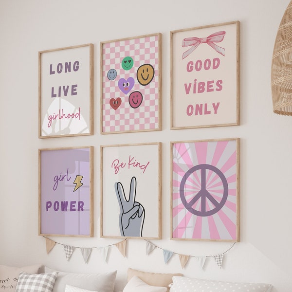 Girls Trendy wall art Set , Dorm Decor For College Girls, Boho Girls Room, smiley nursery Art, Teen Girl Wall Art Prints, Teenager Art Print