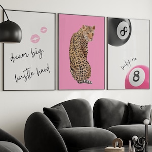 Set of 3 Trendy Prints Pink Leopard Cheetah Print Pink 8 Ball Lucky Trendy Wall Art Gallery Preppy Chic Luxury Home Decor Digital Download