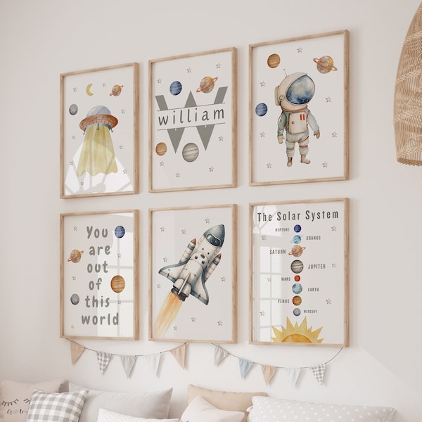 Space Nursery Prints, Outer Space Printable Wall Art Set of 6 for Nursery Decor, space suit,space travel, Solar system and custom name print