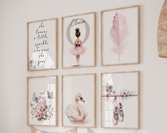 Personalized Ballerina print, Ballet Nursery Art, Ballerina Nursery Decor, Pink Girls Room Ballet Dancer Painting, Swan Prints,Floral,Pastel