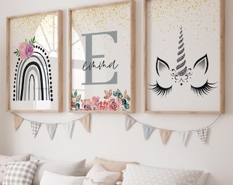Impresiones de unicornio, decoración de unicornio, decoración de pared de arcoíris, impresiones de arte de pared de guardería, decoración de pared de guardería de niña, impresiones de dormitorio de niña, arcoíris, impresiones de guardería