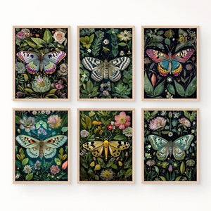 Woodland moths set of 6 MEGA BUNDLE Art Prints, moody butterfly wall print, botanical butterfly print floral dark academia cottagecore print